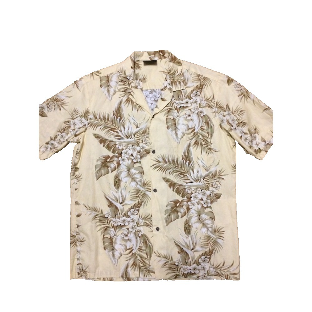 Royal Creations Hawaiian Men shirt L Cream Color Brown Leafs Short Sleeves